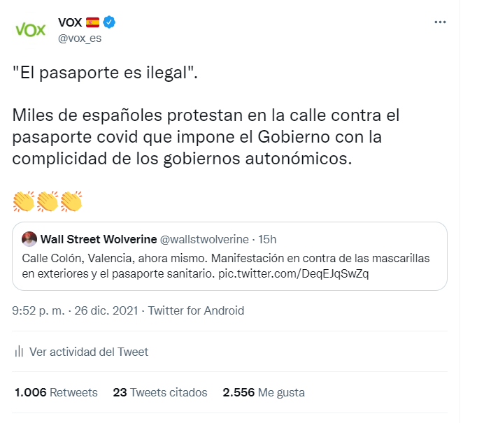 vox_es's tweet photo. 🚨 Twitter oculta un tuit de VOX por difundir una manifestación multitudinaria contra el pasaporte covid.

¿Por qué un vídeo de una protesta contra el pasaporte covid es marcado como "contenido delicado"?

#TwitterResponde @TwitterEspana @JavierPagan76 https://t.co/9qmhUS99Qu
