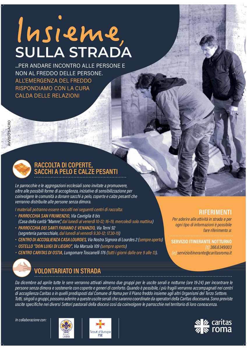 CaritasRoma's tweet photo. Ogni notte, a Roma, 8mila persone dormono in strada.

Ognuno può fare qualcosa:
▶ donare coperte, sacchi a pelo e calze pesanti;
▶ partecipare al Servizio di Ascolto Itinerante;
▶ segnalare le persone in grave difficoltà;
▶ condividere questo post.

📞 Info: 3666349003 https://t.co/Kdr3pCMbbk
