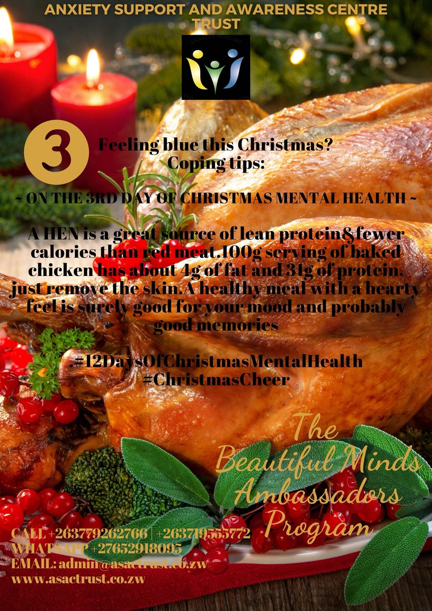 WE ARE ON THE 3RD DAY OF CHRISTMAS: A hen is a great source of lean protein fewer calories than red meat just remove the skin. A healthy meal with a hearty feel is surely good for your mood and probably good memories.
#12DaysOfChristmasMentalHealth
#ChristmasCheer