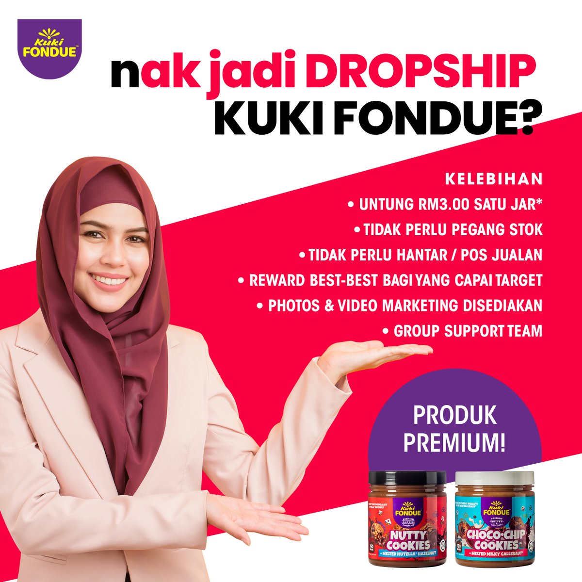 KukiFondue's tweet photo. Tak perlu pegang stok? Bestnyaaa! tak payah pening-pening nak simpan balang-balang Kuki Fondue ni kat mana. Pheww. Lega! 😅 Bukan tu je. Banyak lagi kemudahan lain yang disediakan. Jom la join kami. 

#kukifondue #callebaut #scsbutter #coklatleleh #cookiessedap #nuttycookies https://t.co/rze70vL2So