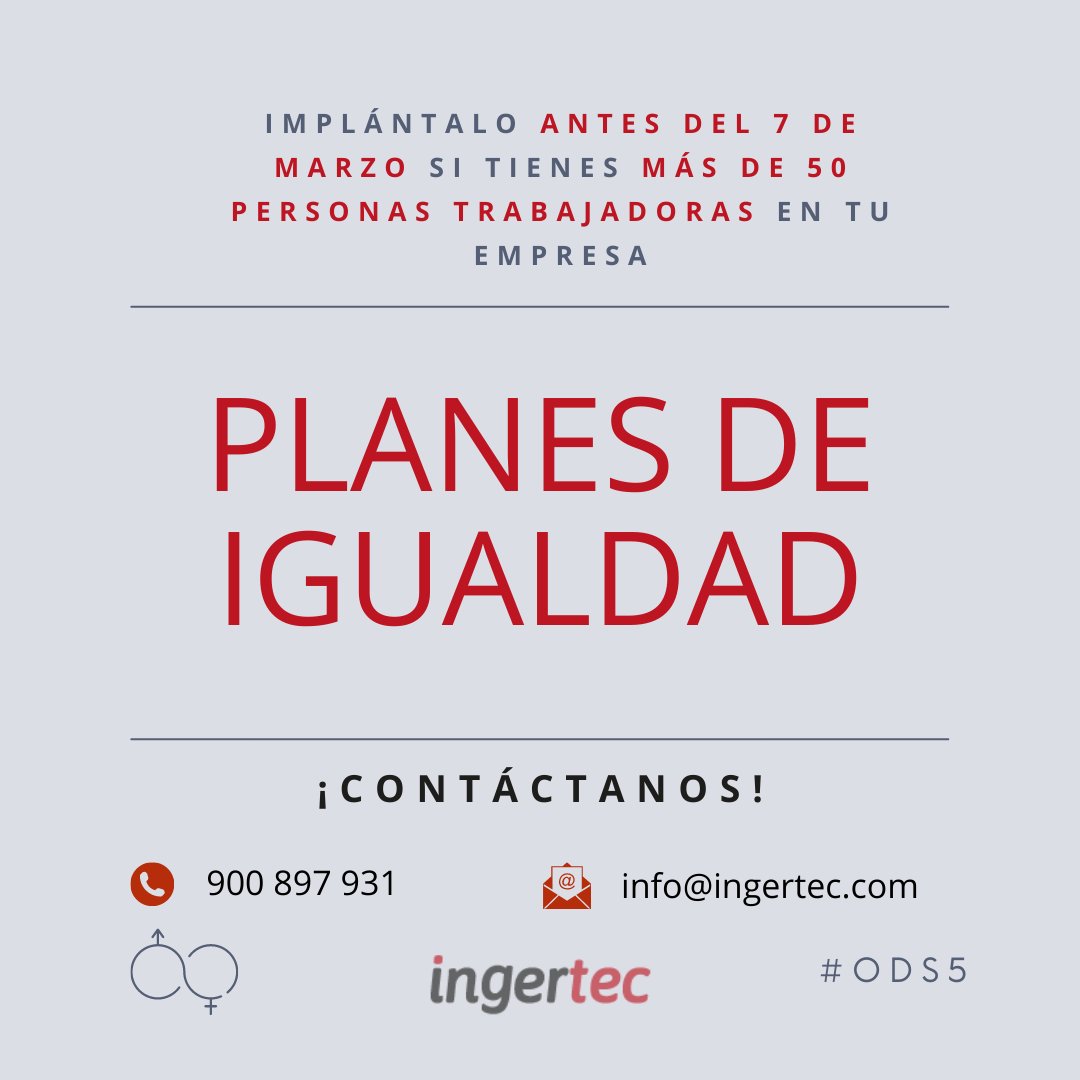 Ingertec's tweet photo. ℙ𝕃𝔸ℕ 𝔻𝔼 𝕀𝔾𝕌𝔸𝕃𝔻𝔸𝔻

🗓 7 ᴅᴇ ᴍᴀʀᴢᴏ 𝟸𝟶𝟸𝟸

¡Se acerca la fecha! 

¿Sabes si cumples con los requisitos para que el #PlandeIgualdad sea obligatorio en tu empresa?

https://t.co/jpTv7qHrNh 

#igualdaddegenero #discriminación #GrupoIngertec #IngertecTeam https://t.co/FDRbxKapy6