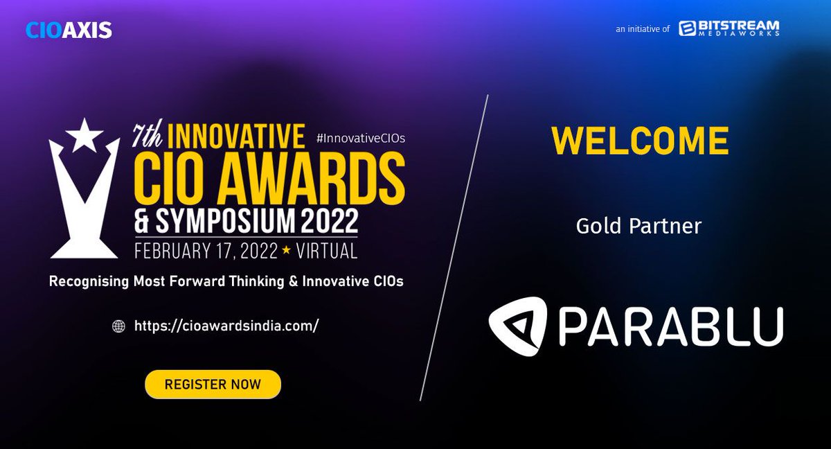 CIOAXIS's tweet photo. Happy to welcome @ParabluInc as our Gold Partner at 7th #Innovative CIO #Awards & Symposium 2022 | February 17, 2022
Register: https://t.co/AdYaQT6WPv
#CIOawards #LeadersOfChage #DriversOfInnovations #DigitalAcceleration #BusinessTransformation #CIOAXIS #CISOconnect #CIO #CTO https://t.co/TTSgXdOkHj