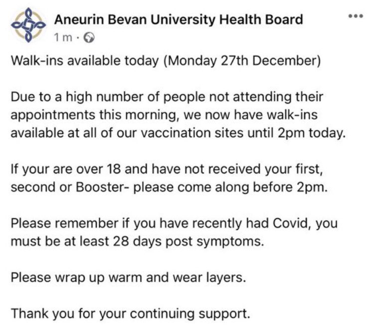 Get your First, Second or Booster dose at Cwmbran Stadium, Newport Centre, Pontllanfraith Leisure Centre or Ebbw Vale Mass Vaccination Centres today. Walk-in (no appointment needed) until 2pm. <a href="/AneurinBevanUHB/">Aneurin Bevan University Health Board</a> #GetBoosted 👇🏻👇🏻👇🏻👇🏻💉💉💉💉👇🏻👇🏻👇🏻👇🏻