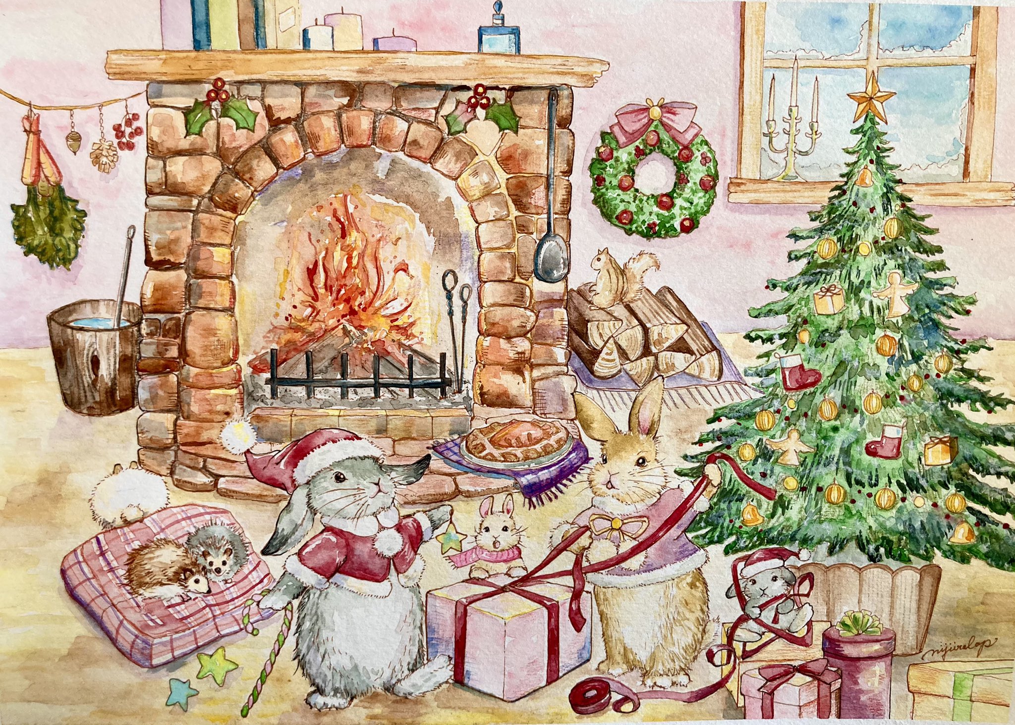 Nijiirolopにじいろロップ 遅れてやってきたクリスマスイラスト着彩 外は雪 森の動物たちも描き加えました 楽しそうな声にみんなが自然と集まり 暖かいお部屋でみんな一緒の時間 薪のパチパチいう音 におい 暖炉を囲んで自然の温もりを感じられるお家