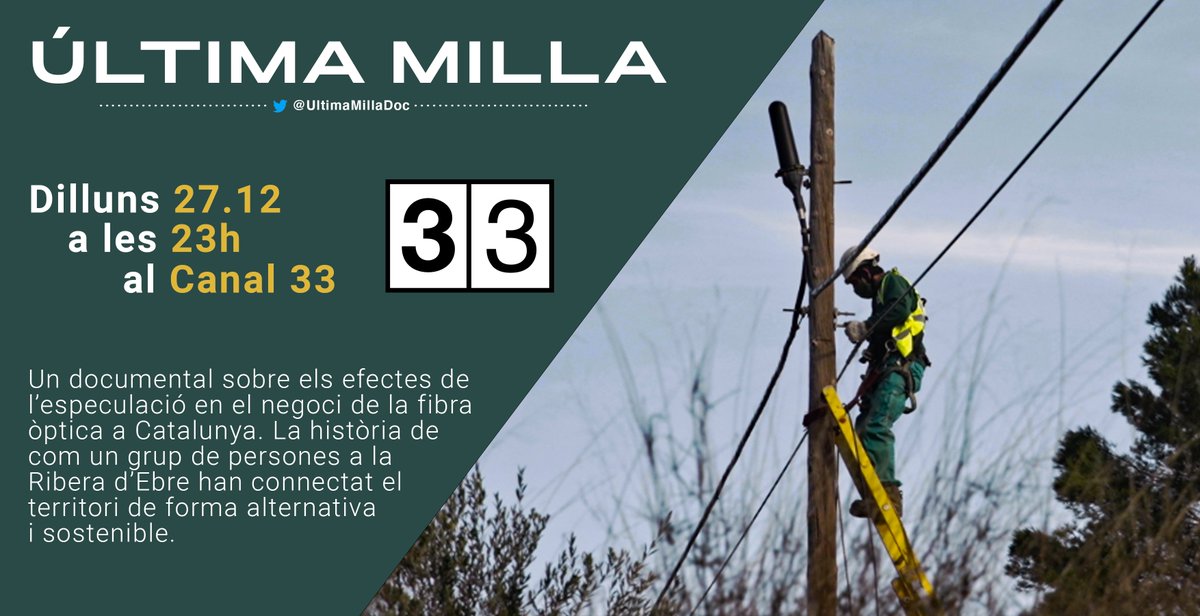 🔴Hoy estreno <a href="/UltimaMillaDoc/">Última Milla (Documental)</a> en <a href="/canal_33/">Canal 33</a> 23h. Documental que narra el trabajo incombustible contra la brecha digital de las diversas comunidades de Redes Libres que trabajan desde la autogestión. Dirigido por @HansdeDalmau y de la mano de nuestra querida <a href="/guifinet/">guifi·net</a>👇🏾#UltimaMilla