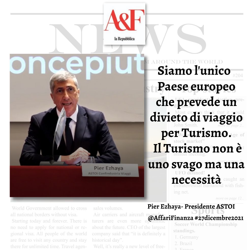 Astoi_it's tweet photo. 📰Il Presidente #ASTOI, Pier Ezhaya, commenta, su Affari&Finanza di @repubblica, la situazione del comparto, ribadendo l’importanza dell’ampliamento dei corridoi turistici verso quei Paesi che hanno #Contagi bassi e un elevato numero di #vaccinati. 👇
https://t.co/Y0flHC0Dl3 https://t.co/Wgc8JuMoSf