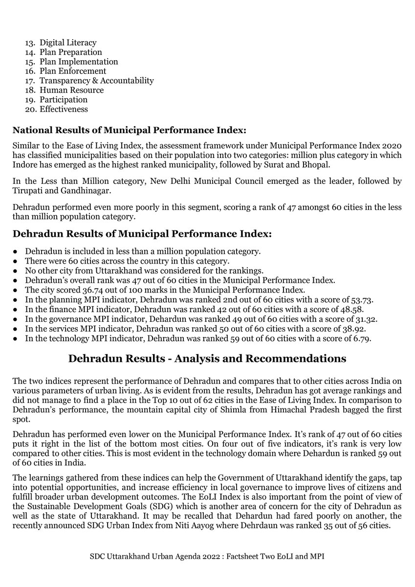 sdcfoundationuk's tweet photo. Releasing today the second and third #factsheets for sustainable urbanization in manifestos. The second factsheet is on Ease of #Living Index (#EoLI) &amp; Municipal Performance Index (#MPI). The factsheet shows the performance of #Dehradun city across each pillar in EOLI and MPI. https://t.co/whX2UQ6BoU