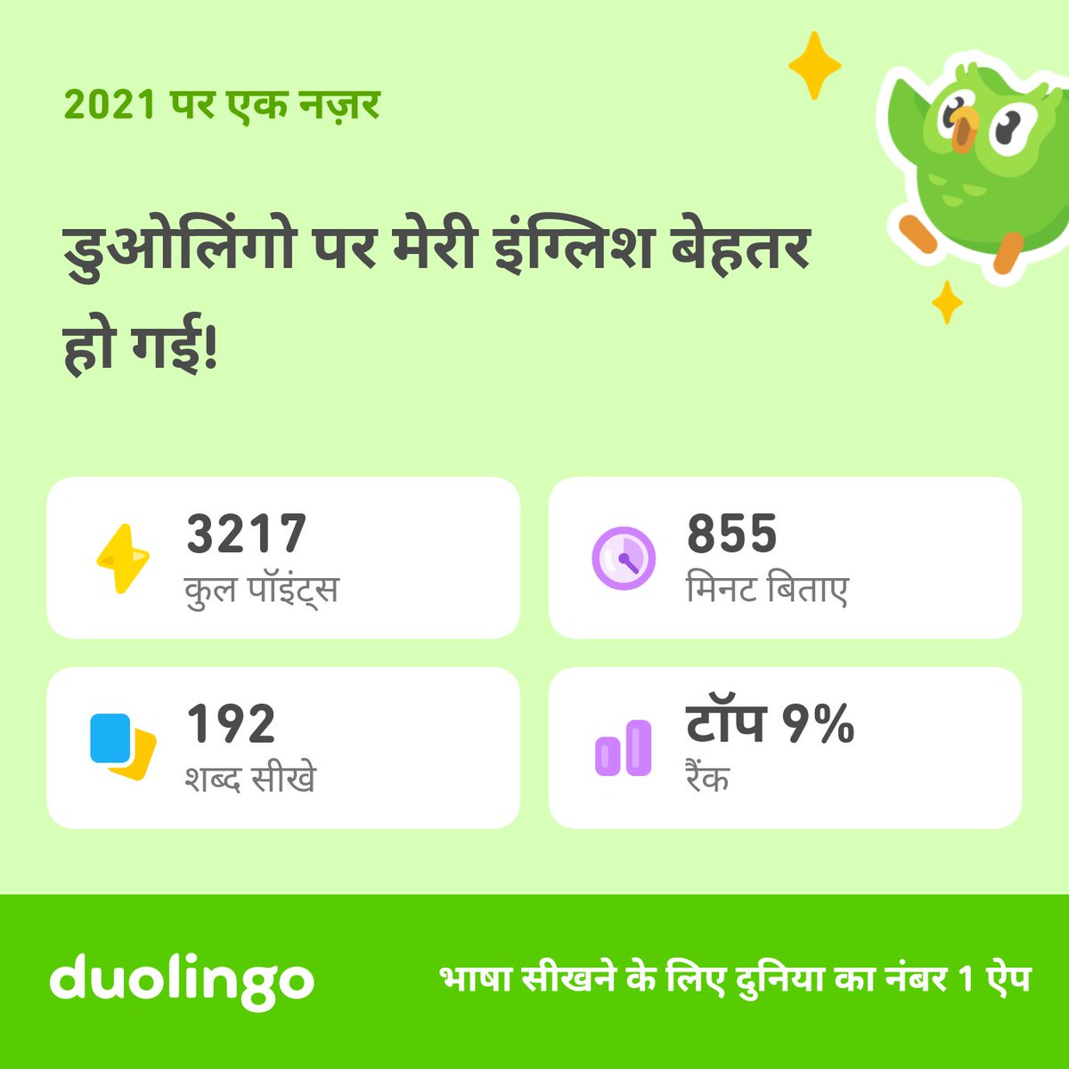 tammanna_memon's tweet photo. देखें मैंने 2021 में डुओलिंगो पर कितना कुछ सीखा! आपने क्या-क्या सीखा? #Duolingo365 https://t.co/xHEPo1ZXs6