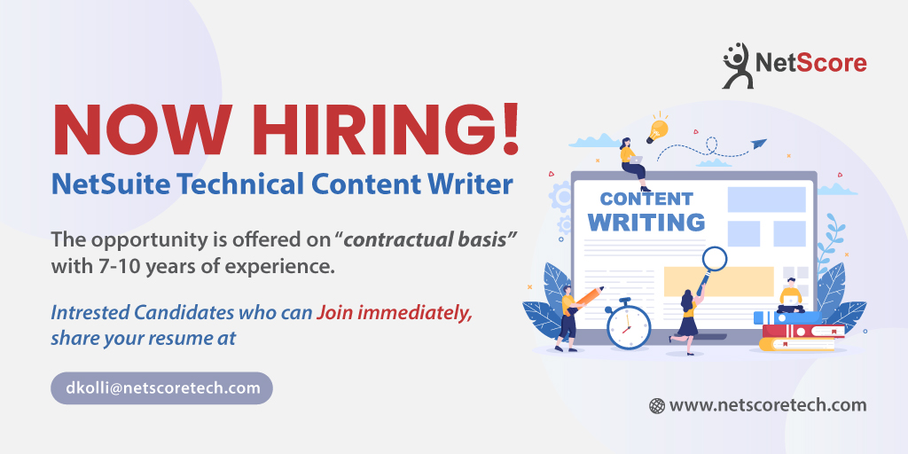 NetScoreTech's tweet image. We’re #hiring Contractual #TechnicalContentWriter to join our NetScore team! Please share your resume with dkolli@netscoretech.com.

#contentwriterjobs #technicalwriter #hiringnow #jobs #recruiting #placement #jobsearch #jobvacancy  #NetSuite #NetScorejobopenings