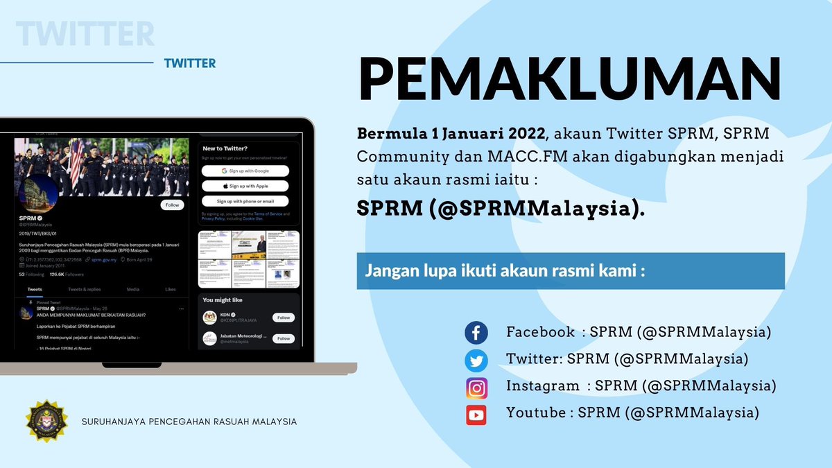 sprmcommunity's tweet photo. Buat followers tegar Twitter SPRM Community, mulai 01.01.2022 akaun ini tidak lagi beroperasi dan akan beralih ke akaun @SPRMMalaysia.

Teruskan ikuti akaun utama SPRM untuk dapatkan info antirasuah menarik dan terkini.

#RasuahDihinaMaruahDibina
#TidakKepadaRasuah https://t.co/EC5g1r7WJI