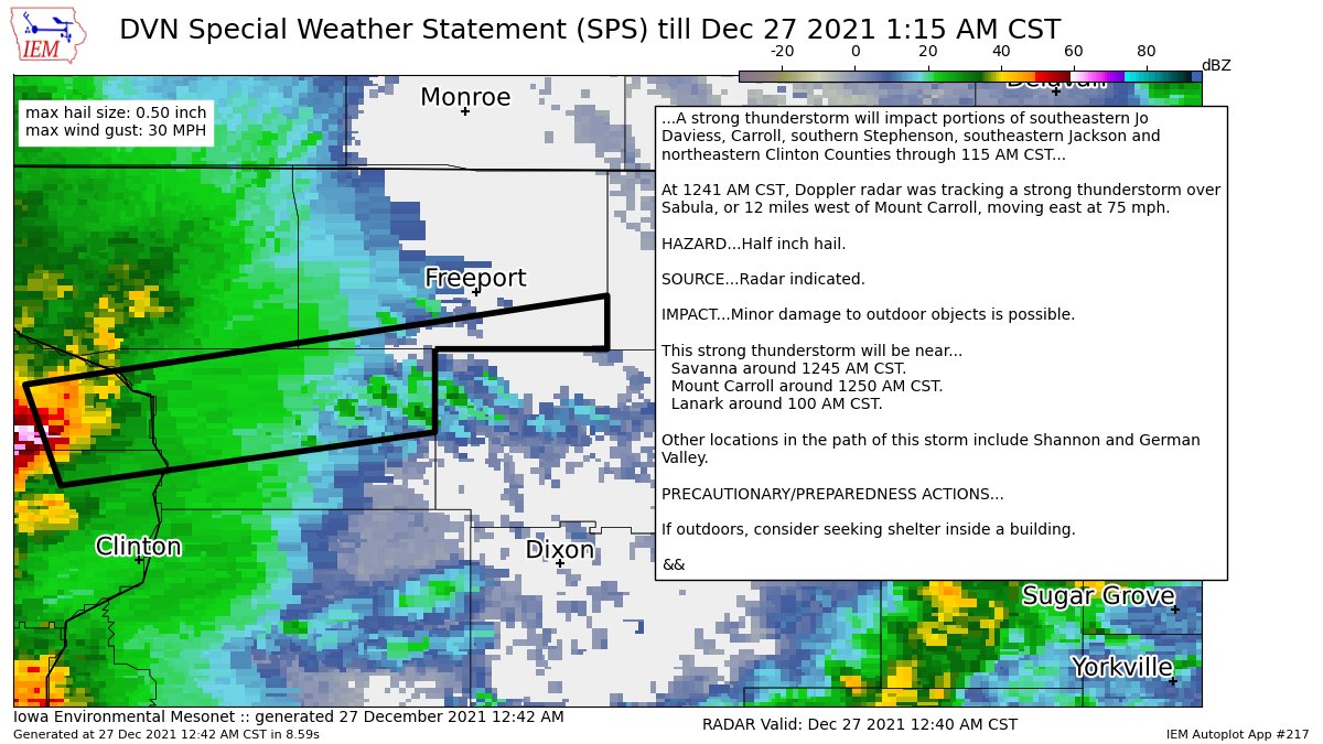 MidwestWeather3's tweet photo. A strong thunderstorm will impact portions of southeastern Jo Daviess, Carroll, southern Stephenson, southeastern Jackson and northeastern Clinton Counties through 115 AM CST [wind: <30 MPH, hail: 0.50 IN] https://t.co/vCmDcKKp9u https://t.co/XdkKxhgINh