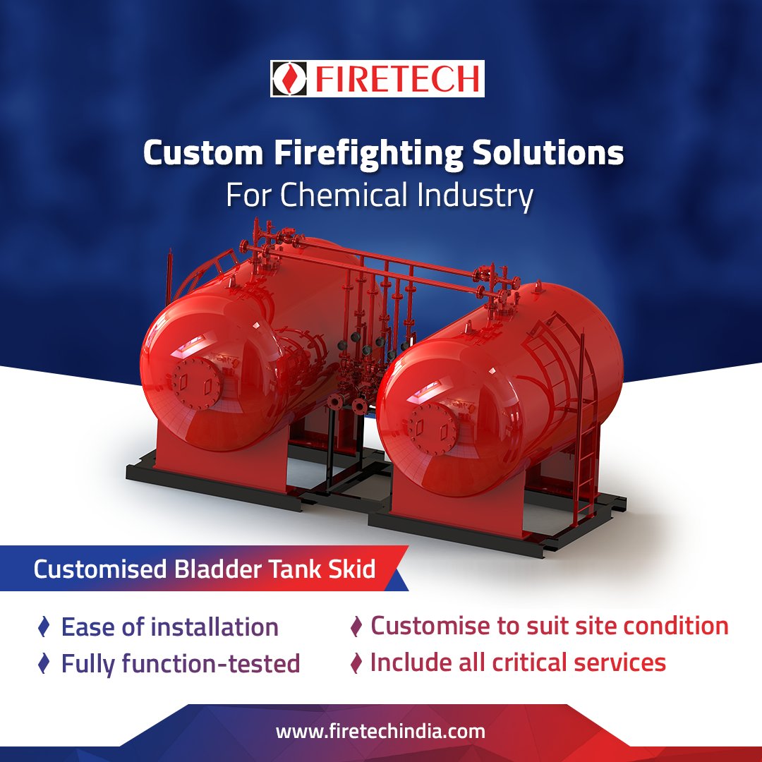 FiretechIndia's tweet image. FIRETECH&apos;s commitment to the Chemical Industry is unparalleled!

FT&apos;s Customised Bladder Tank Skid with its characteristic specification has also been unique in application because of the following reasons stated below

#Firesafety #Customisedsolution #Foamsystems