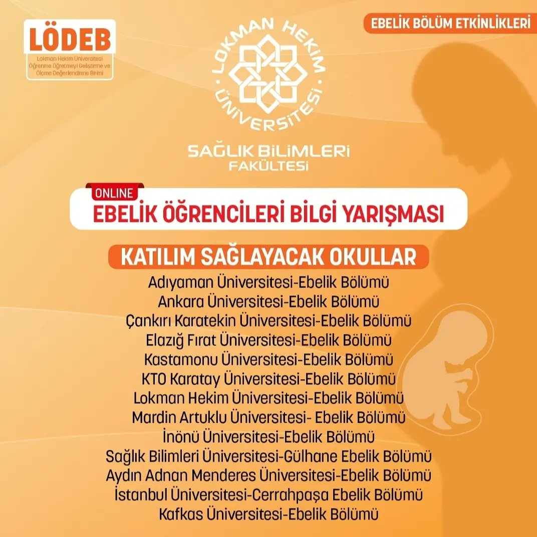 Okulumuzun değerli hocalarının koordinatörlüğünde 'ONLİNE EBELİK ÖĞRENCİLERİ BİLGİ YARIŞMASI' 29 Aralık 2021 Saat: 12.30-13.30 tarihinde gerçekleştirilecektir.
#lokmanhekimüniversitesi 
#ebelikbölümü
#ebelik 
#midwife 
#midwifery