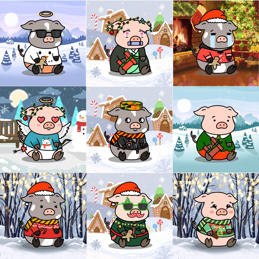 Hope everyone is having a great holiday season! The team went all out in making each Piggie a custom Holiday version for free! We think they turned out great, especially as we added 70+ more traits to a free mint.

Your Piggie number should be whitelisted! opensea.io/collection/pig…