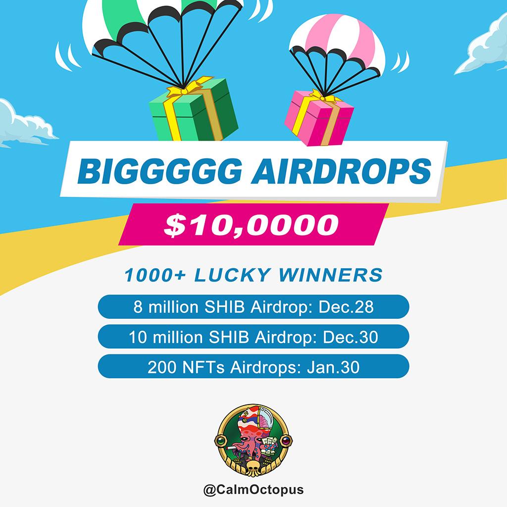 We will starte our $100000 value AirDrop tomorrow!

To unlock your white list eligibility, you just need to: 
✅Follow <a href="/CalmOctopus/">Calm Octopus NFT</a> 
✅Retweet this tweet &amp; ❤️. 
✅Tag 3 friends
✅Join our telegram( t.me/CalmOctopus )
 Don't miss it !!! :)

#NFT #NFTGiveaway  #Airdrop