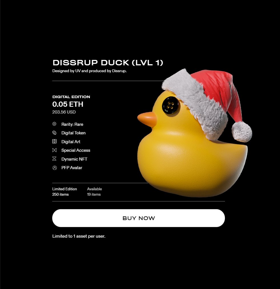 We have 5 Dissrup Ducks
for Xmas #giveaway 🎄🌟

To enter: 
1. Follow <a href="/dissrup1/">Dissrup</a>
2. Retweet
3. Mention a friend + MM wallet

We’ll choose winners at random by EOD 
And closing the sale of Batch 03 ✊ 🚀

dissrup.com/drops/dissrup-…