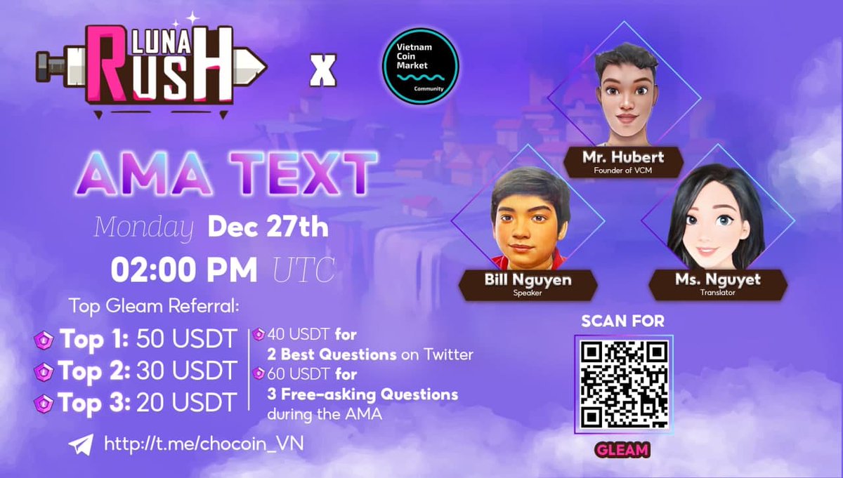 LunaRush_LUS's tweet photo. 🔔 Turn on your notification for our AMA tomorrow with the participation of Bill Nguyen - Community Leader of LUNA.
🔔🔔 Join our AMA at: https://t.co/vPFbVk8lmu
⏱Time: 1 PM (UTC) - December 27, 2021
👉Gleam: https://t.co/FXCqaCaGwS
#lunarush #lunarushgame https://t.co/c2DCWrNt6Q
