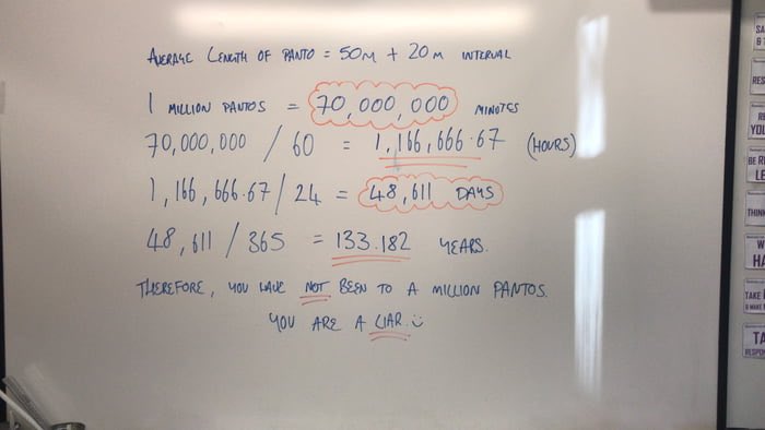 hellosimonhq's tweet photo. I called my wife out for saying she had seen ‘1 million’ pantomimes 😆

My #ComputerScience students worked out just how long one million pantomimes actually were 💪🏻 

You’re welcome 😇 

#Maths #NumbersDontLie #DataAnalytics #MathematicsDay #Educational https://t.co/x2wkMVUOWz