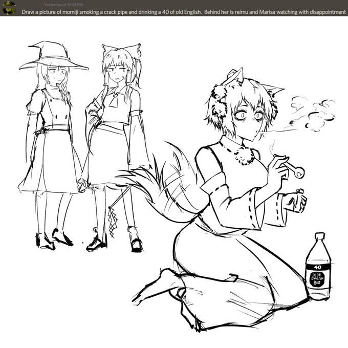 "Draw a picture of momiji smoking a crack pipe and drinking a 40 of old English.  Behind her is reimu and Marisa watching with disappointment", from discord 