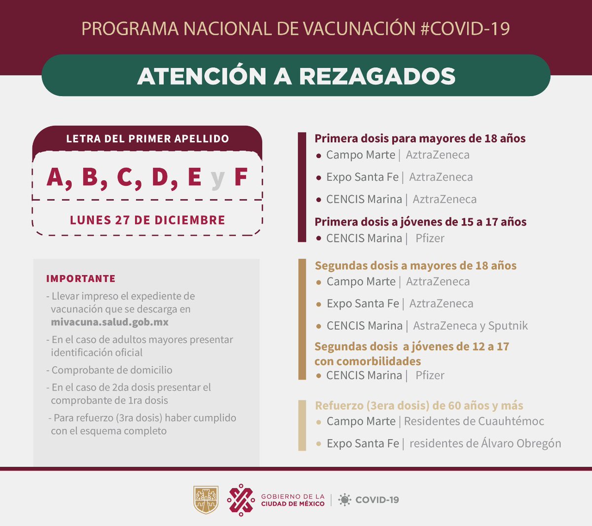 GobCDMX's tweet photo. 👁‍🗨¡Atención!

Iniciamos con la aplicación de vacuna 💉 contra #COVID19:

🔹 Mayores de 15 años 1a y 2a dosis
🔸 Personas de más de 60 años refuerzo

Procura ir el día y a la sede que te corresponde. https://t.co/BGXEcnWwsn
