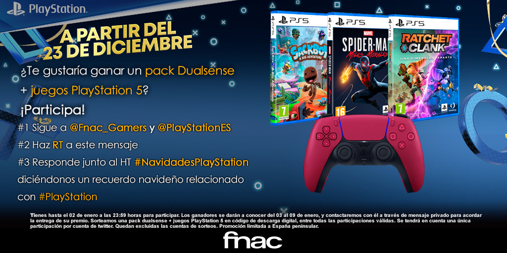 Fnac_Gamers's tweet photo. Los #ReyesMagos están a la vuelta de la esquina y... ¡Lo celebramos con el sorteo de este pack de juegos #PS5 + #Dualsense!🎮

✅Sigue a @Fnac_Gamers y @PlayStationES
✅RT
✅Responde junto al HT #NavidadesPlayStation
diciéndonos un recuerdo navideño relacionado
con #PlayStation https://t.co/h1YE1U8wUL