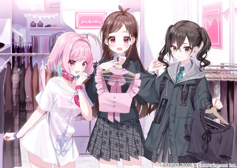 sunazuka akira ,yumemi riamu multiple girls 3girls mole under eye brown hair jacket pink hair shirt  illustration images