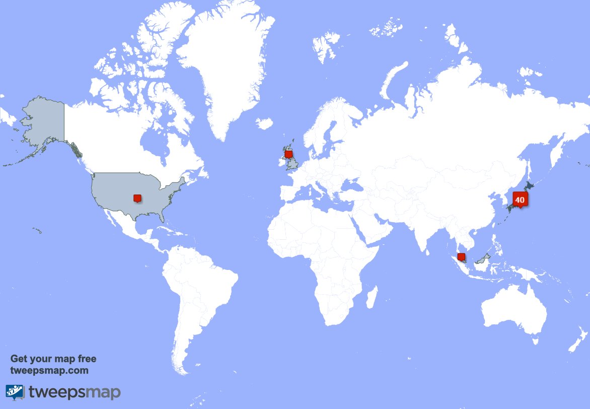 My followers live in Japan (40%), UK.(20%)... Get your free map: tweepsmap.com/!lichhiek