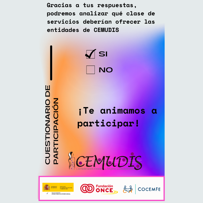 COCEMFECV's tweet photo. Desde @cemudis queremos agradecer toda vuestra participación en nuestro cuestionario.
¿Todavía no lo has contestado? No te preocupes, puedes hacerlo ahora.
#CEMUDIS
#MujeresDerribandoBarreras
#participa
Enlace a la encuesta 👇
https://t.co/fIR1mELh5A https://t.co/hskbPM6uv0