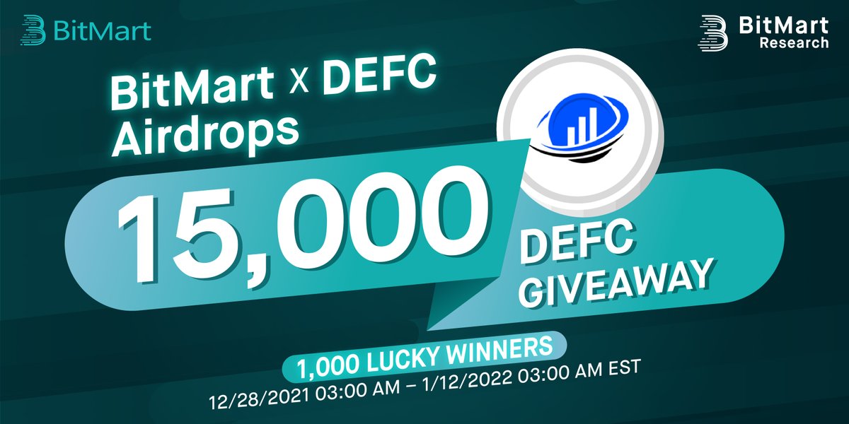 BitMartResearch's tweet photo. 🎁BitMart X DEFC Listing Airdrop

1⃣Follow @BitMartResearch &amp; @DeFiCoins5
2⃣Join Telegram https://t.co/ba8uIcH9ww &amp; https://t.co/5swTr2eUse
3⃣RT &amp; Tag 3 friends
4⃣Fill out: https://t.co/mWPLpuK46y

🥳𝟏,𝟎𝟎𝟎 lucky winners split 𝟏𝟓,𝟎𝟎𝟎 DEFC
⏰12/28/21 3AM – 1/12/22 3AM EST https://t.co/VCVQDIwbxG