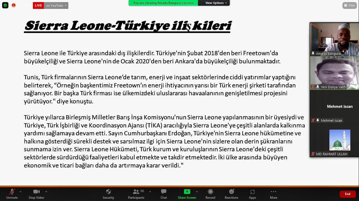 yenidunyavakfi's tweet photo. Uluslararası öğrencilerin hazırlayıp sunduğu 'Ülke Tanıtımları' serisinde bu dönemin ilk ülkesi Sierra Leona’ydı. 

Zoom üzerinden yapılan program 100 den fazla kişinin katılımıyla gerçekleşti, Sunumu yapan Amadu BANGURA’ya ve diğer tüm katılımcılara teşekkür ederiz. https://t.co/OzqmQKaAym