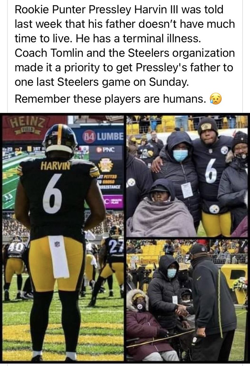 Rookie Punter Pressley Harvin III (<a href="/GeorgiaTechFB/">Georgia Tech Football</a> ) was told last week that his father doesn’t have much time left due to a terminal illness. Coach Tomlin and the Steelers made it a priority to get his father to a Steelers game on Sunday. Remember these players are humans. 😥