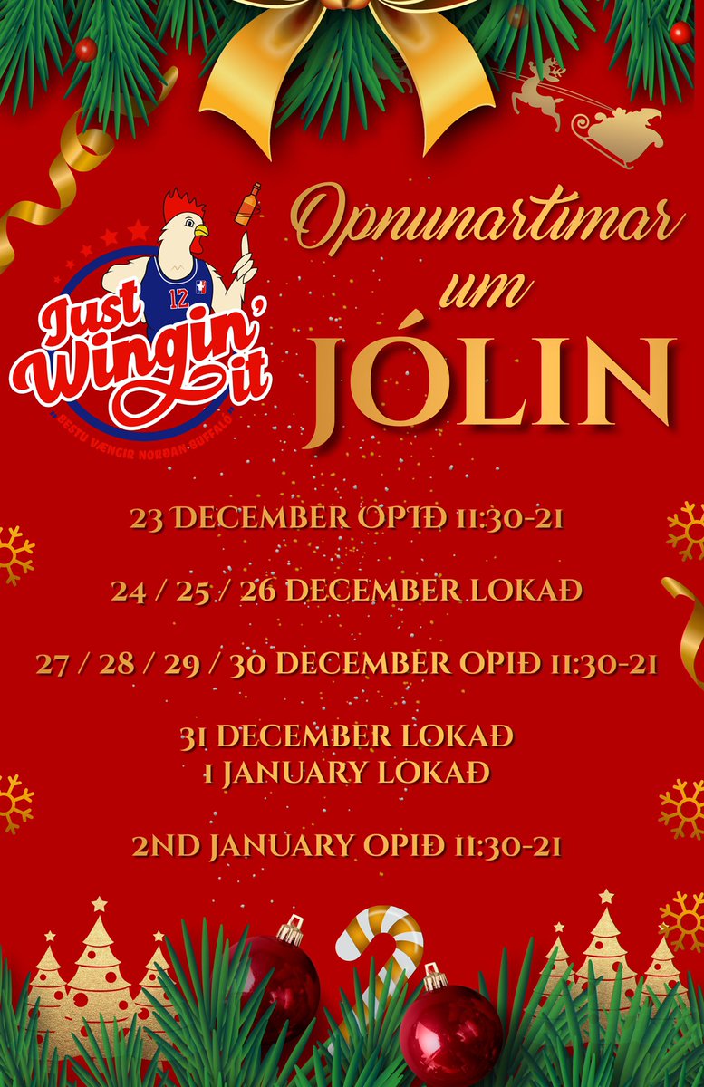 OPIÐ! Opnunartímar um Jólin!

December 27-30 we are open 11:30-21! 

Cold outside?! Get hot 🥵 wings!