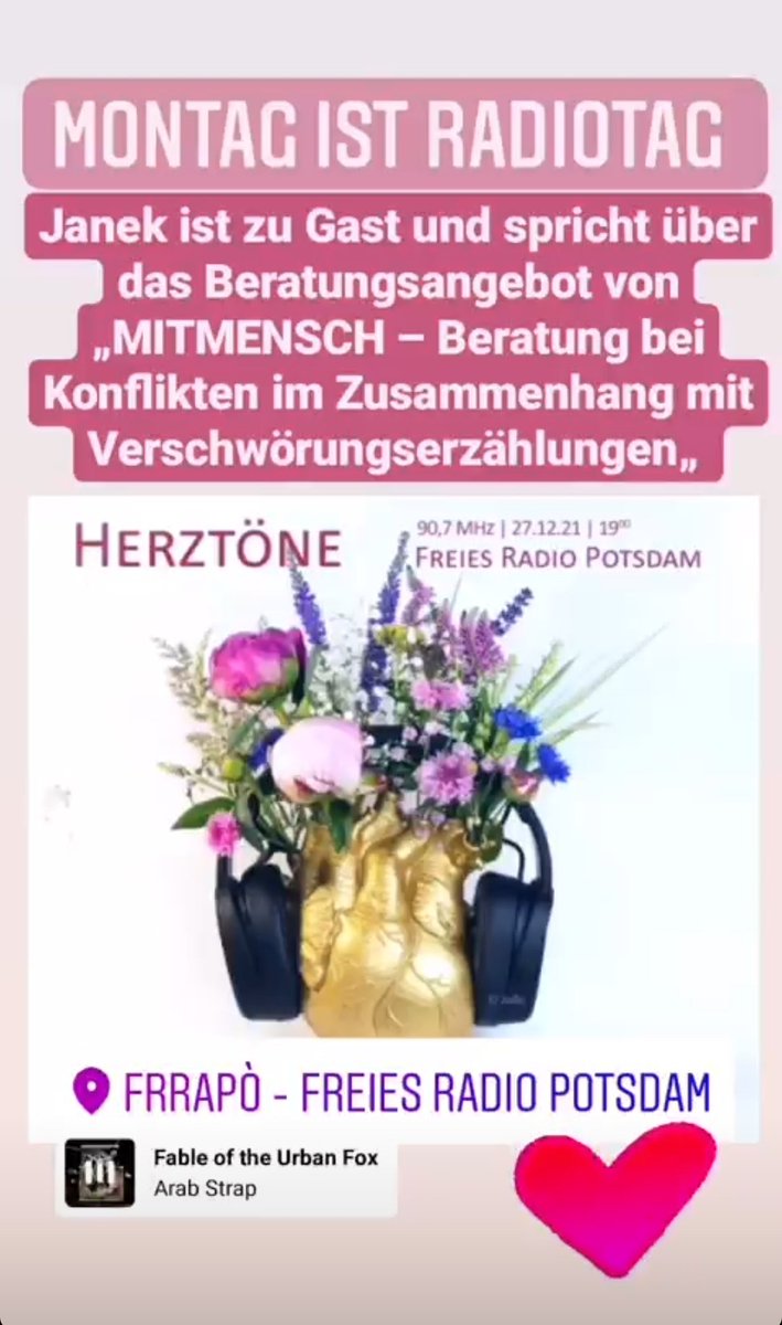 JennyPoeller's tweet photo. #MONTAG IST #RADIOTAG 🎉
Hört #HERZTÖNE, heute 27.12.21, 19 Uhr @freiesRadioPotsdam, 90,7 in #Potsdam (88,4 in Berlin) Infos:https://t.co/pOFM5r017H https://t.co/xGOXchxQbv