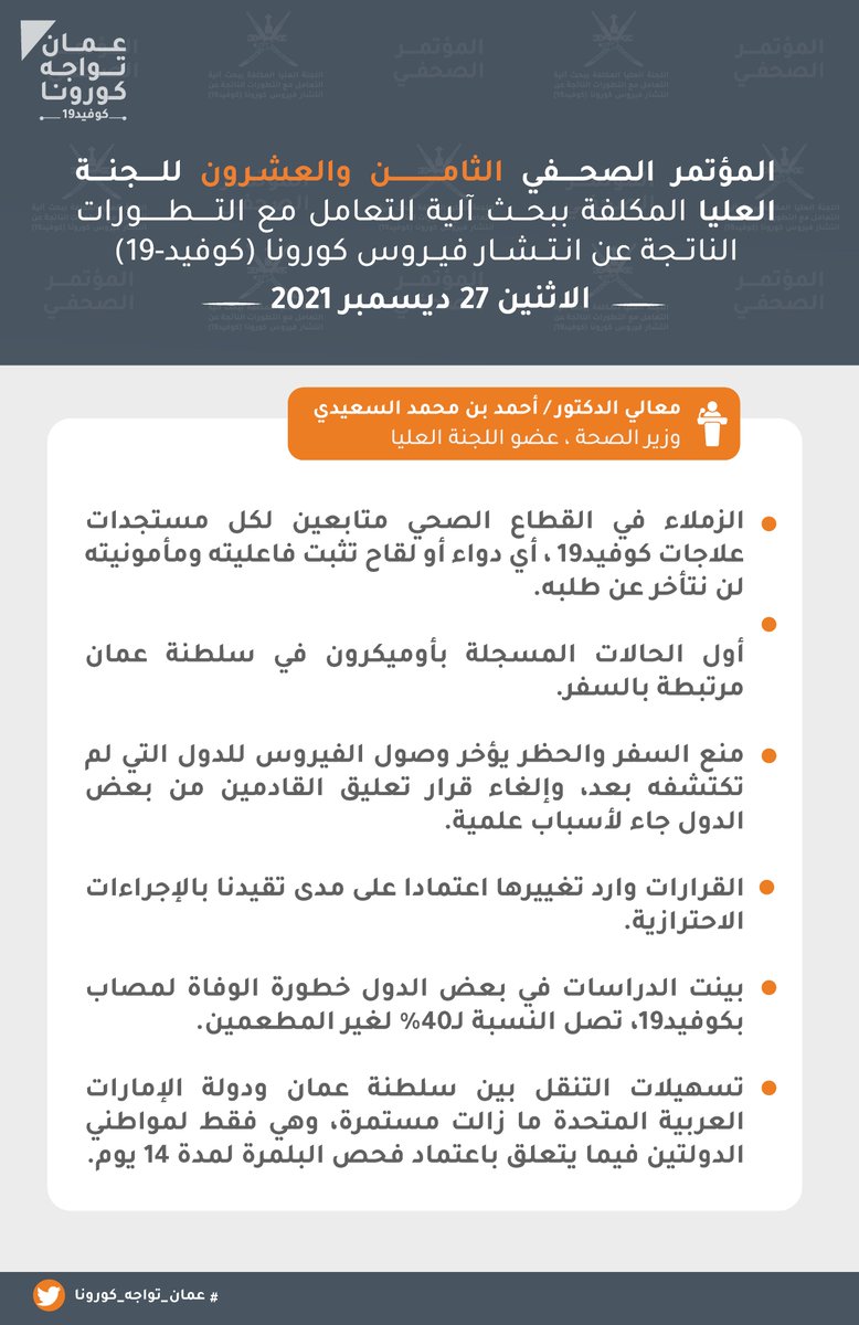 معالي الدكتور/ أحمد بن محمد السعيدي

"تسهيلات التنقل بين سلطنة عمان ودولة الإمارات العربية المتحدة ما زالت مستمرة، وهي فقط لمواطني الدولتين فيما يتعلق باعتماد فحص البلمرة لمدة ١٤ يوم"

#المؤتمر_الصحفي_للجنة_العليا
#عمان_تواجه_كورونا
