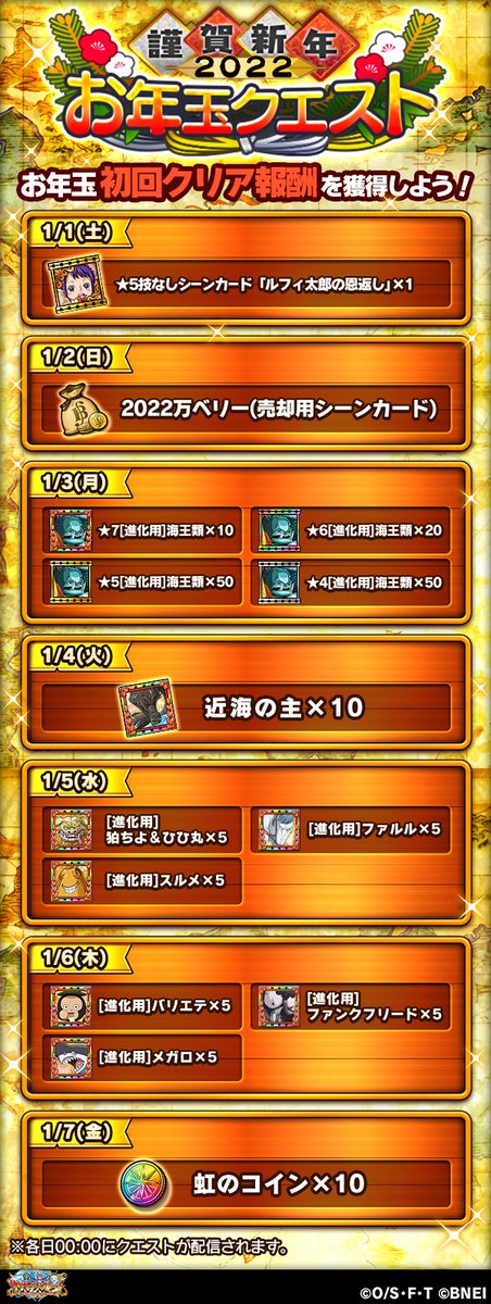 One Piece サウザンドストーム S Tweet 謹賀新年お年玉クエスト開催中 期間中毎日0時に新しい 謹賀新年お年玉クエスト が登場します 初回クリア報酬では 攻撃力特化の 5技なしシーンカードや虹のコイン10枚 各種進化用シーンカードなどを獲得できます 毎日