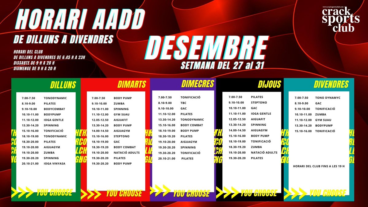 Última setmana de l'any. I per tancar-lo aquestes són les activitats dirigides programades.

#CrackSportsClub #Piscina #Fitness #Pàdel #Horaris #AADD #Setman #Granollers #VallèsOriental