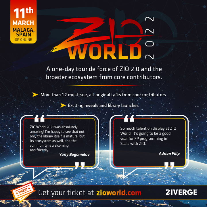 zivergetech's tweet photo. 2nd edition of ZIO World brings together ZIO users and contributors to showcase the power, performance, and productivity of ZIO 2 and its broad-based maturing ecosystem. 

This year, we will gather in Malaga Spain, with remote attendance available 🙌

👇🎟️
https://t.co/e0H1aXgqZS https://t.co/LAZS2ckA8n