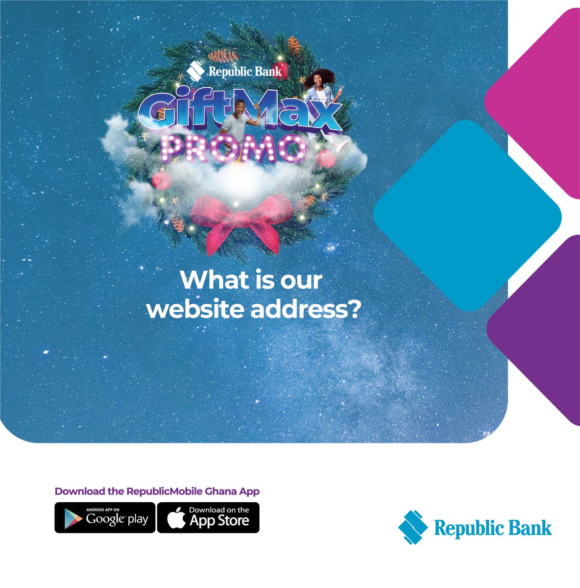 RepublicBankGh's tweet photo. Time to give back to all our amazing customers….
Answer the question correctly and win amazing gifts from us
Remember to follow all our social media pages for more.
The winner will be randomly selected and contacted.
#republicghana
#giftmax https://t.co/kxld6oL3CD