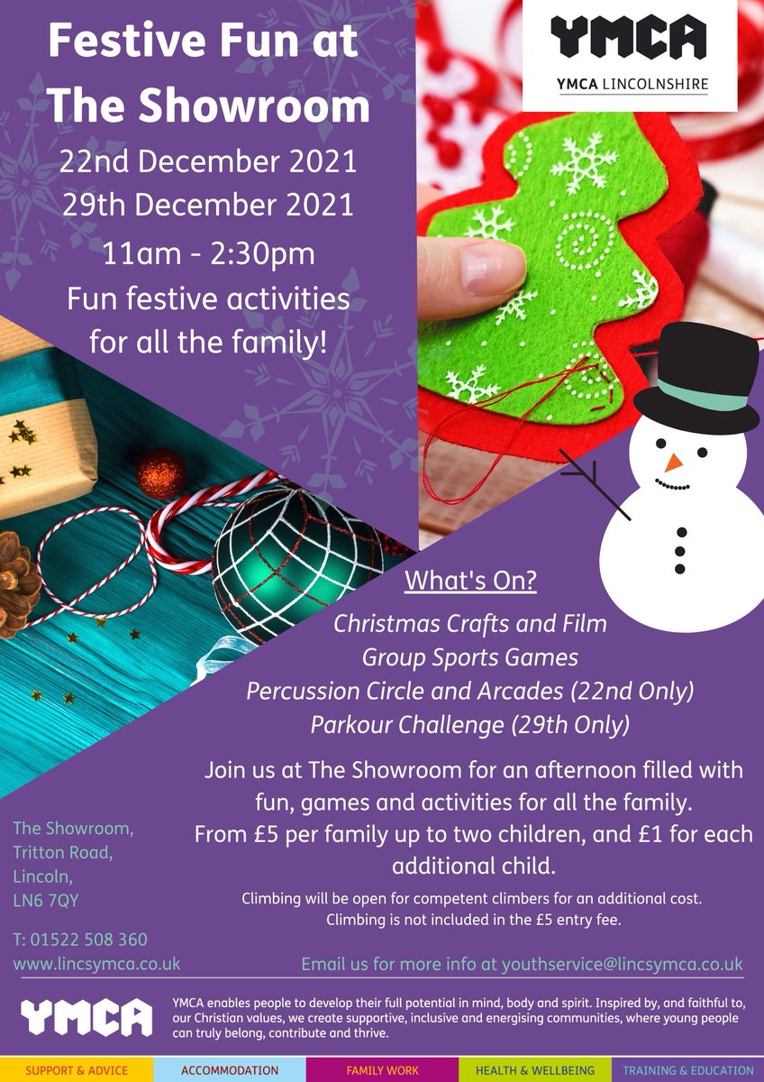 YMCALincs's tweet photo. 🎄 Join us @ShowroomLincoln for Festive Fun on Wednesday 29 December!

Pop in from 11am and enjoy Christmas crafts and films, sports games and a parkour challenge!

Have an afternoon of fun for just £5 per family!

📱 youthservice@lincsymca.co.uk for more.

#YMCA #Lincolnshire https://t.co/a4gOT5TqF0