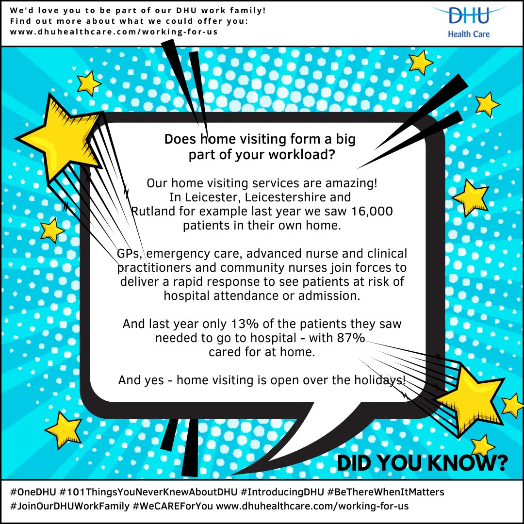 DHUHealthCare's tweet photo. #Day88
We've mentioned home visiting before! It's impact is massive - so it's worth another post.! This time looking at our LLR services!
#OneDHU #101ThingsYouNeverKnewAboutDHU #IntroducingDHU #BeThereWhenItMatters #JoinOurDHUWorkFamily #WeCAREForYou https://t.co/R2sdObMx75 https://t.co/qLVpdQSXob