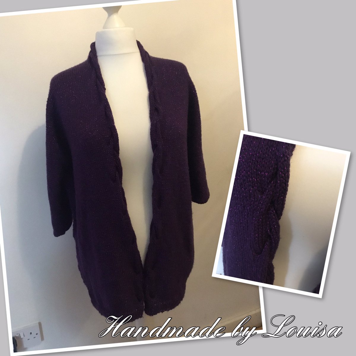 by_louisa's tweet photo. I’m back!First up is is a sparkly purple combo, three quarter length sleeve cardigan with rope twist from accompanied by my pullover button top, this was for the best woman I know…my Mom 🥰 
Order books are now open #cardgian #knitting #crochet #fashion #sytle #clothing #gifted https://t.co/m1K9sMeLHw