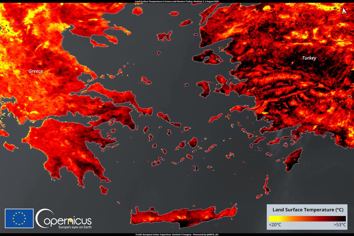 defis_eu's tweet photo. #ImageOfTheYear - August 2021
A severe heatwave in Eastern Europe and destructive #wildfires 🔥 in Greece 🇬🇷 and Turkey 🇹🇷
⬇️Land surface temperature retrieved on 2 August 2021 by #Copernicus #Sentinel3 🇪🇺🛰️ https://t.co/6DpQ6LzWDZ