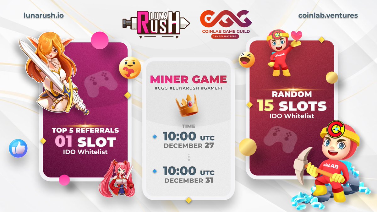 <a href="/CoinLAB_Offi/">CoinLAB #Web3 #AI</a> brings a special gift this festive time of the year - a mini miner game with prizes sponsored by <a href="/LunaRush_LUS/">Luna Rush</a>!!!
🤑20 IDO #whitelist slots will be granted to Top 5 #ref winners, and 15 lucky participants!
🌐 gleam.io/competitions/P…
Note: MUST retweet this post.