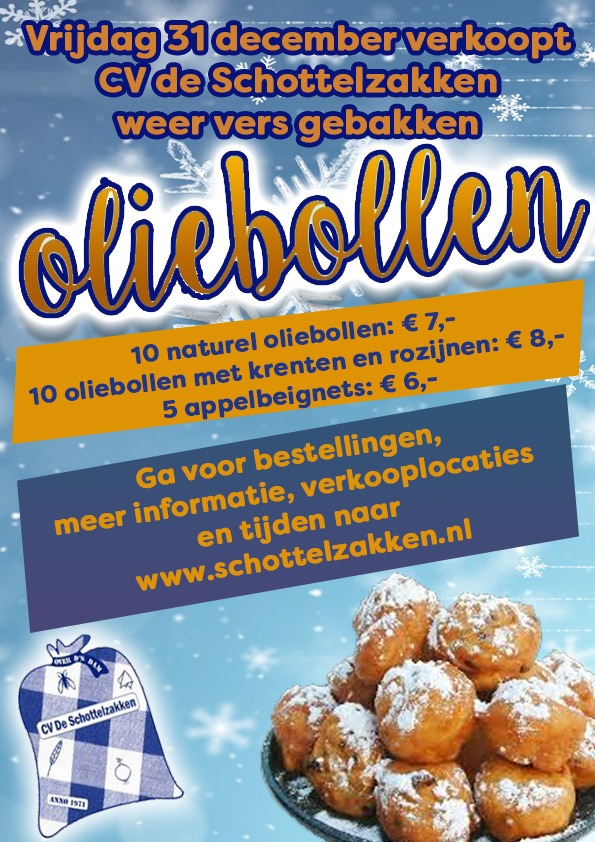 Tijd om naar de jaarwisseling toe te leven. En bij een goede jaarwisseling horen natuurlijk oliebollen! En deze worden op oudjaarsdag vers gebakken door onze meesterbakkers!  
Koop ze bij 1 van onze verkooplocaties of plaats je bestelling! schottelzakken.nl/oliebollen
