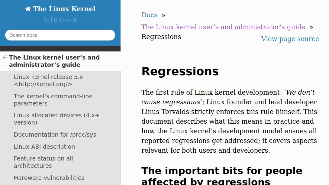 kernellogger's tweet photo. ‘We don’t cause regressions’ is the first rule of #Linux #kernel development, nevertheless there is no text dedicated to the topic. 

Here is a draft of an text to fill that gap: https://t.co/VJkgcOACN9

Please let me known what you think about it and if it covers your questions. https://t.co/ZfDrsR2eUZ