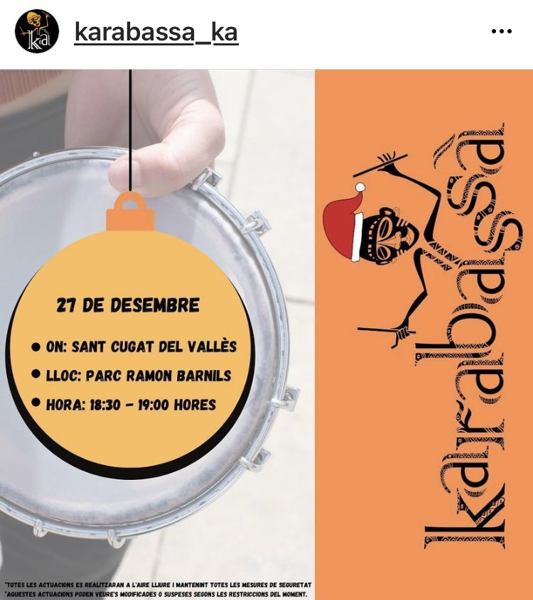 Karabassa's tweet photo. Vinga va, últim bolo de l'any a la carpa de l'Espai Jove de Nadal, a les 18:30h al Parc Ramon Barnils de #SantCugat. 
Moltes ganes d'aixecar ànims...amb totes les mesures 😷
#Nadalsc 
#CulturaSC https://t.co/fRcYknlBvB