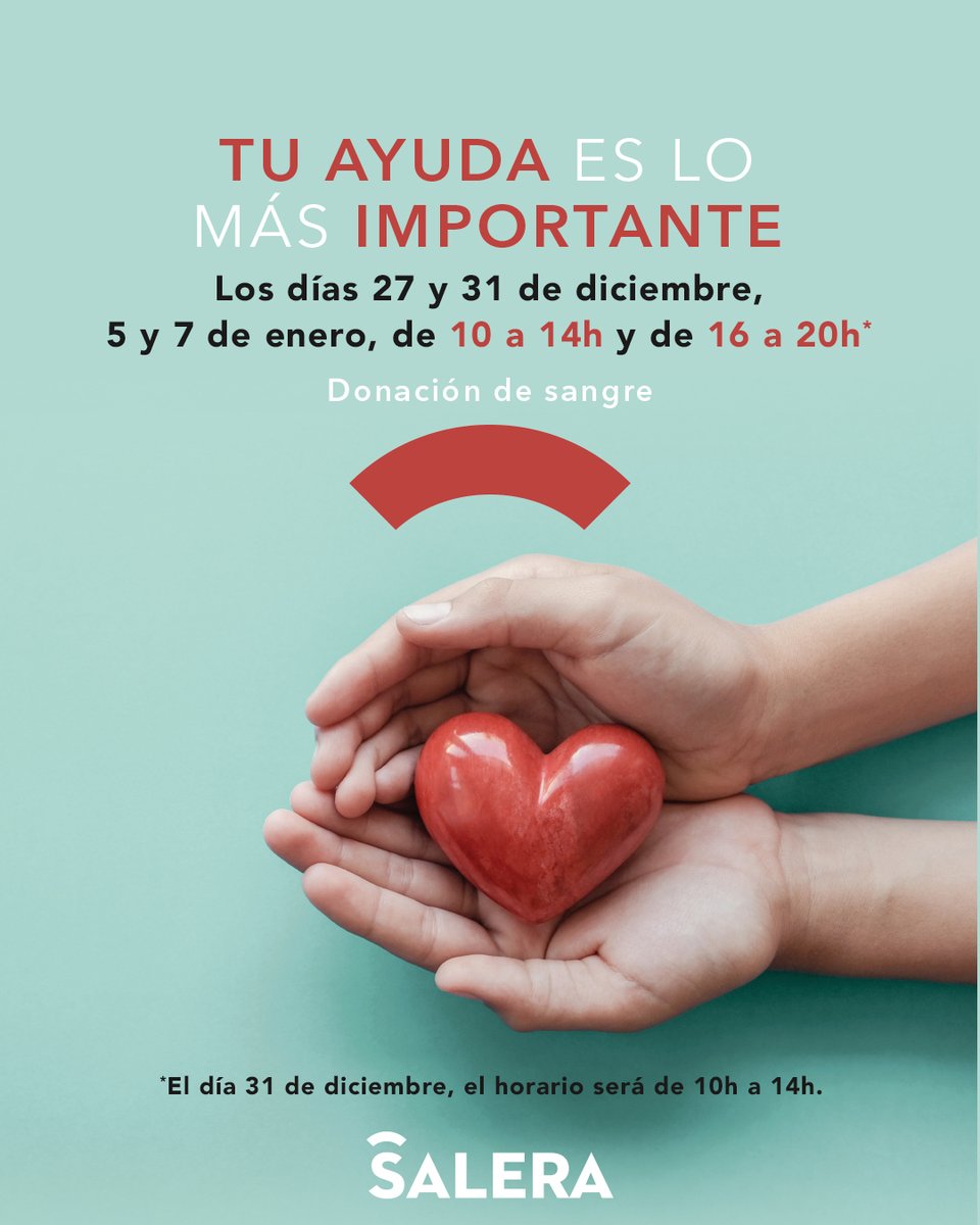 CCSalera's tweet photo. Hoy te esperamos en #Salera con @GVAdonasang para donar lo mejor de ti, de 10h a 14h y de 16h a 20h. También, estaremos el próximo viernes 31 de diciembre solo por la mañana (de 10h a 14h). 👨🏼‍⚕️👩🏼‍⚕️🩸💉 #CCSalera

📍 En el local C-07 de la Plaza Oeste (Planta Central). https://t.co/DlAhdz7o65