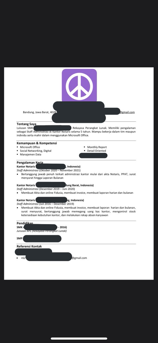 worksfess's tweet photo. work! ada yg mau bantu review cv ku ?  tdinya mau use english tpi kata temen ga usah krena cuma lulusan smk. jdi pke b. indo aja yg penting pointnya msuk. maaf klo msih berantakan  🙏🏻 btw ini ku pake template bang eza https://t.co/7v4Gopbfqd