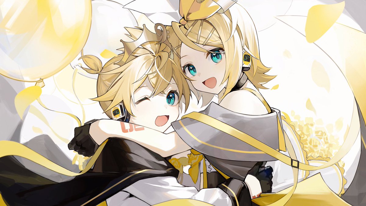 kagamine len ,kagamine rin 1girl 1boy balloon one eye closed blonde hair gloves smile  illustration images