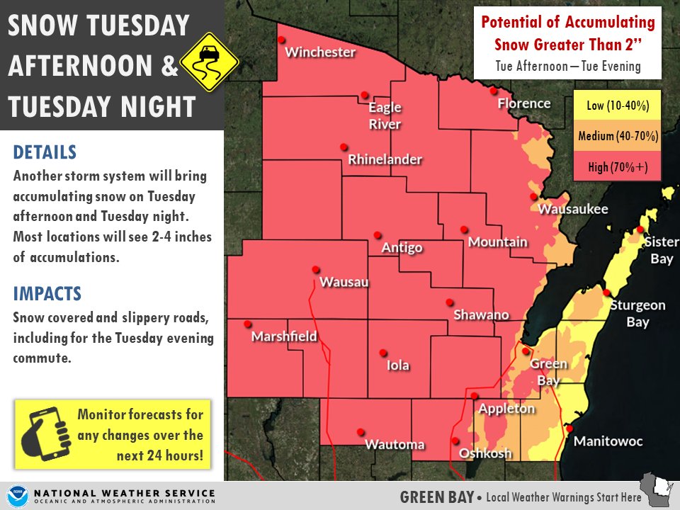 NWSGreenBay's tweet image. Hazardous travel conditions are possible again on Tuesday afternoon and evening as another round of snow impacts the region. 
#wiwx